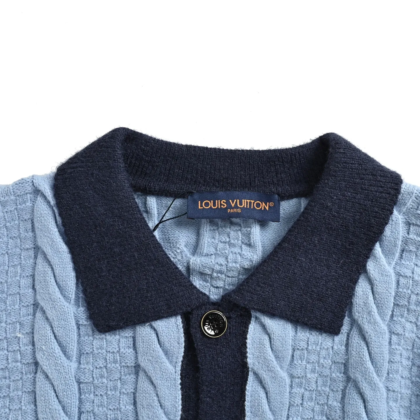 Louis Vuitton/Louis Vuitton leather label blue collar cable knit cardigan